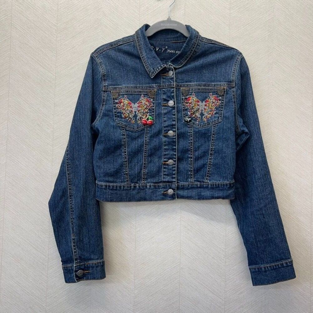 Y2K RVT Jeans Co. Bedazzled Butterfly Blue Denim Cropped Jacket Womens Size L